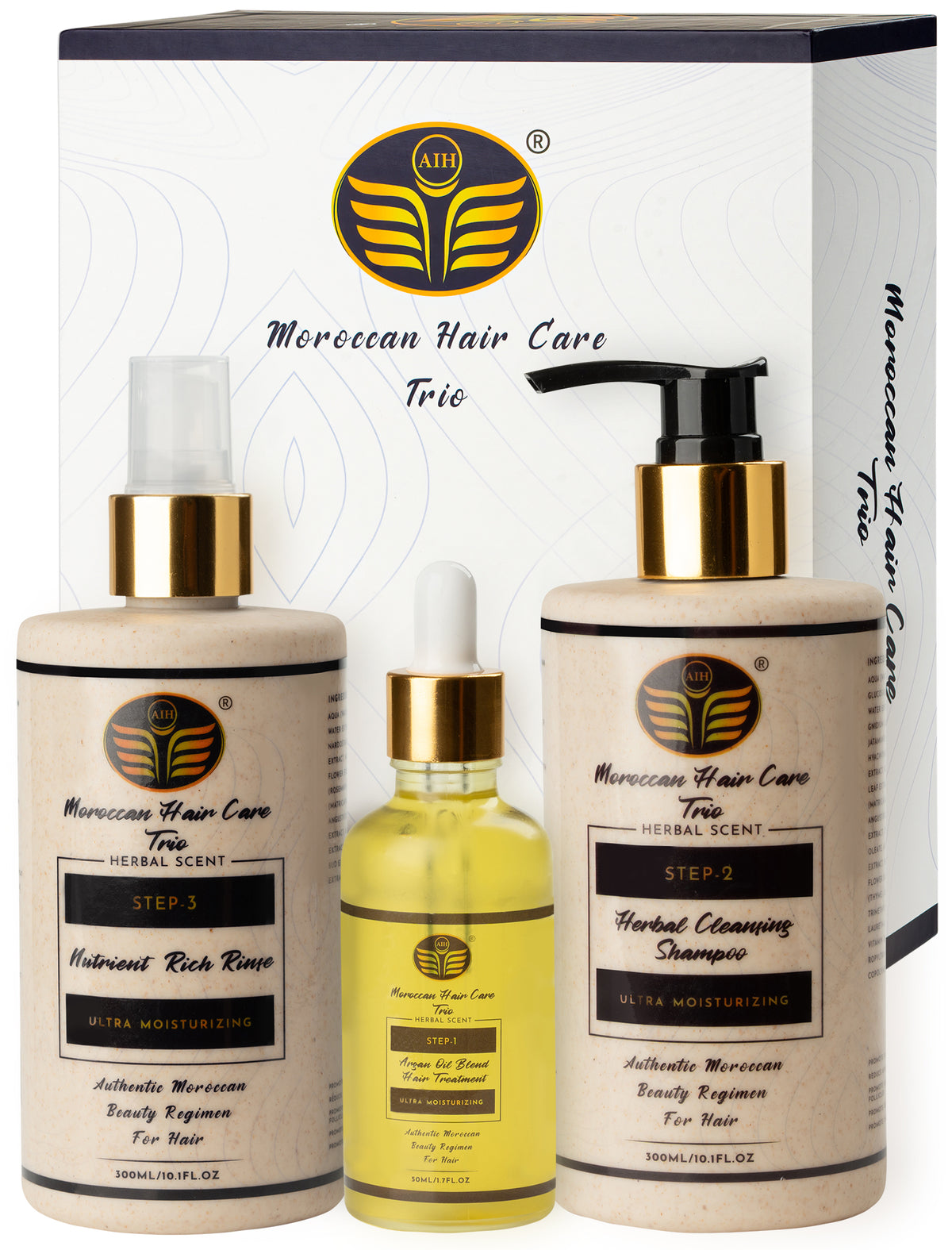 Moroccan Hair Care Trio — the three products in front of the gift box